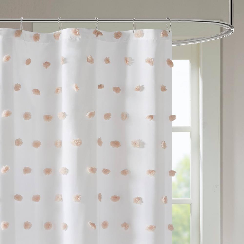 White Polyester Shower Curtain with Blush Pom Poms