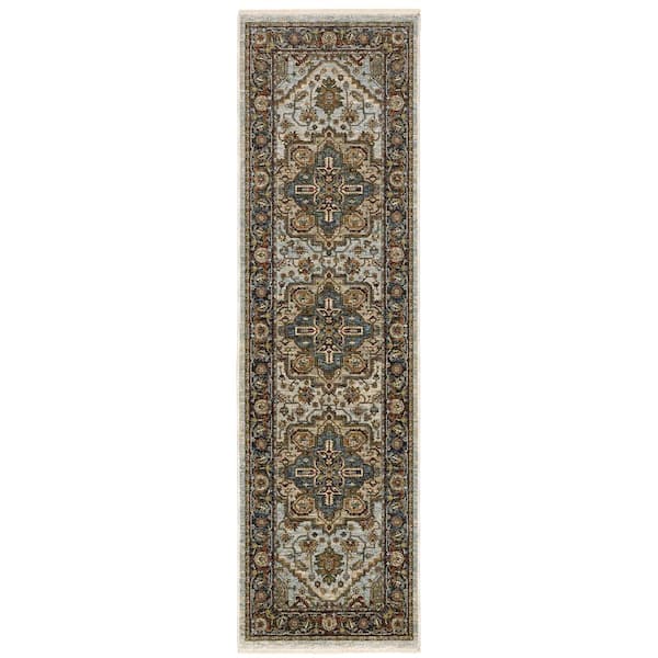 AVERLEY HOME Ambrose Ivory/Blue 2 ft. x 8 ft. Traditional Oriental Medallion Polyester Fringe Edge Indoor Runner Area Rug