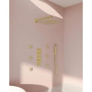 Thermostatic Shower 7-Spray Wall Mount 12 in. Fixed and Handheld Shower Head 2.5 GPM in Brushed Gold Valve Included