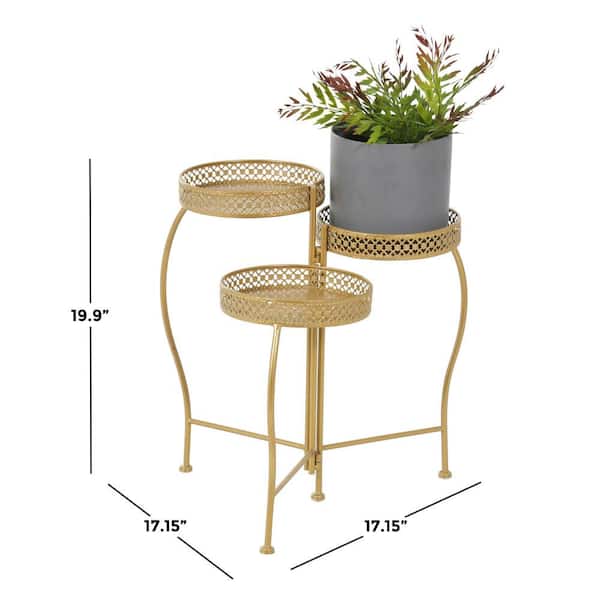 20 in. Gold Metal Curved Folding 3 Tier Plantstand with Floral and Scroll Patterns