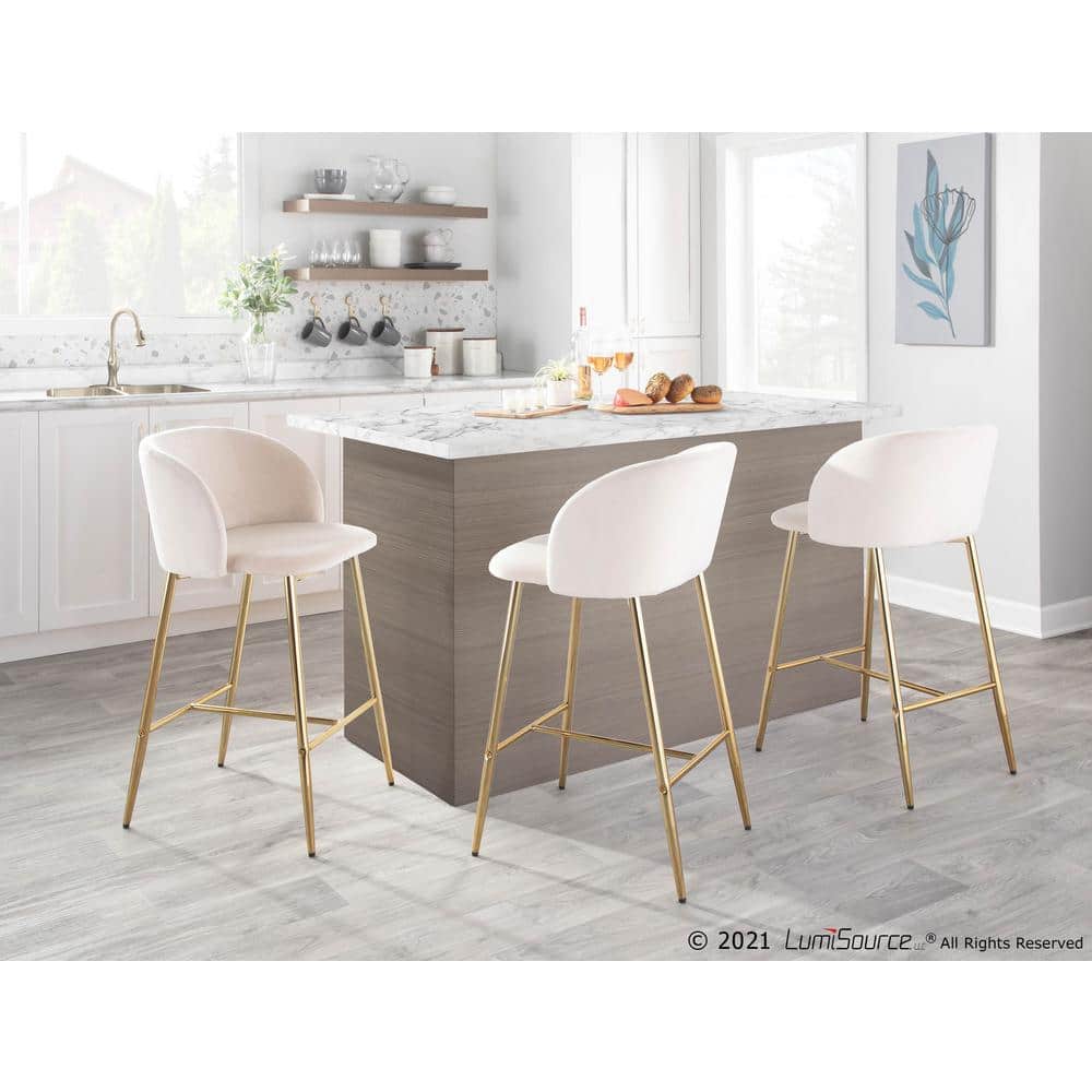 Elegant Gold Steel and Cream Velvet Counter Stools, Set of 2