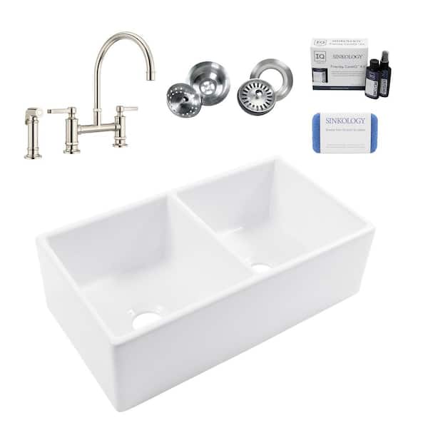 SINKOLOGY Bradstreet II 33 in. Farmhouse Apron Front Undermount Double Bowl White Fireclay Kitchen Sink with Nickel Faucet Kit