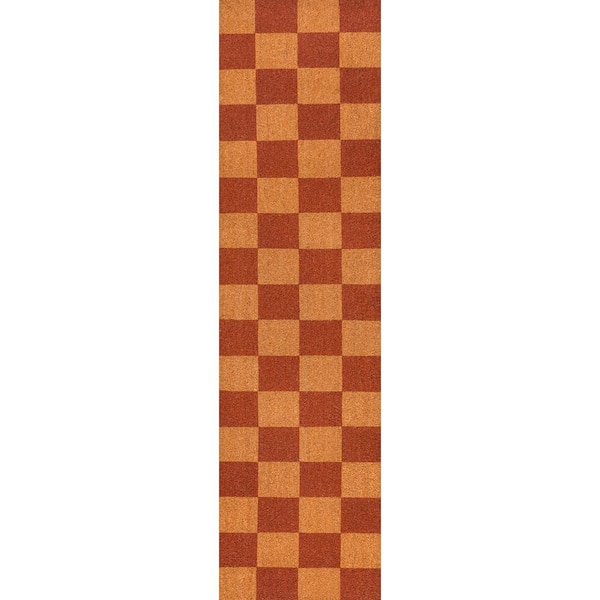 Peater Classic Casual Commerical Natural Coir Natural/Red Checker 2 ft. 2 in. x 8 ft. Indoor/Outdoor Runner Rug