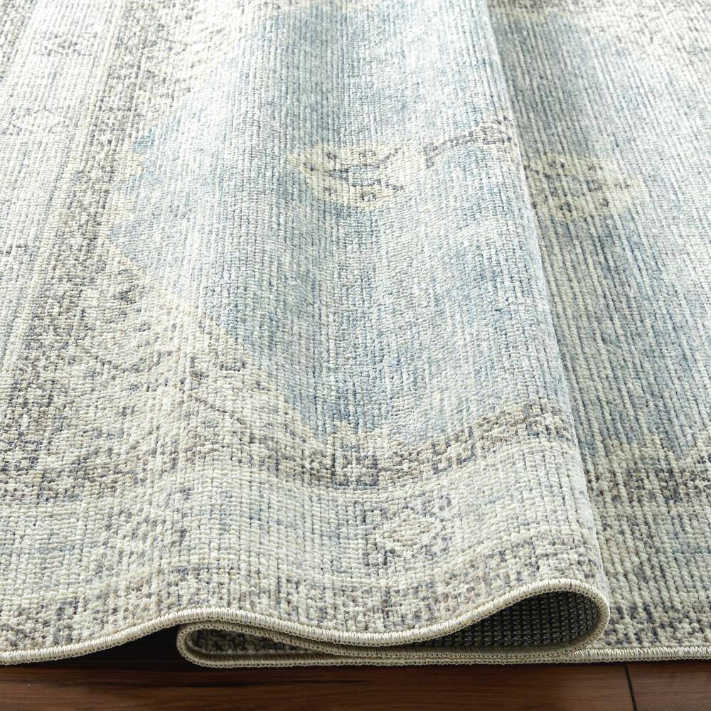 Dusty Blue Medallion Rectangular Stain-Resistant Area Rug
