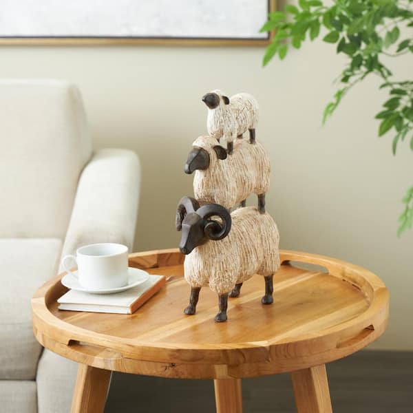 Litton Lane 9 in. x 15 in. Cream Polystone Stacked Sheep Sculpture with Black Accents