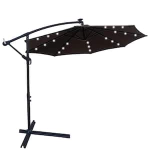 10 ft. Solar LED Steel Cantilever Outdoor Patio Umbrella with Crank and Cross Base in Chocolate