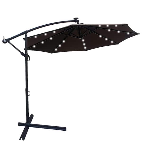 Unbranded 10 ft. Solar LED Steel Cantilever Outdoor Patio Umbrella with Crank and Cross Base in Chocolate