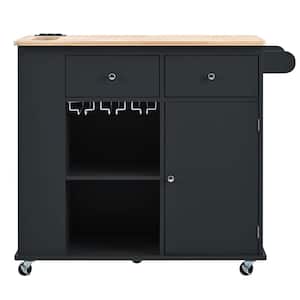 Black Wood 40 in. Kitchen Island with Power Outlet, Drop Leaf, 5 Wheels,Drawers,Storage and Wine Rack for Home, Kitchen