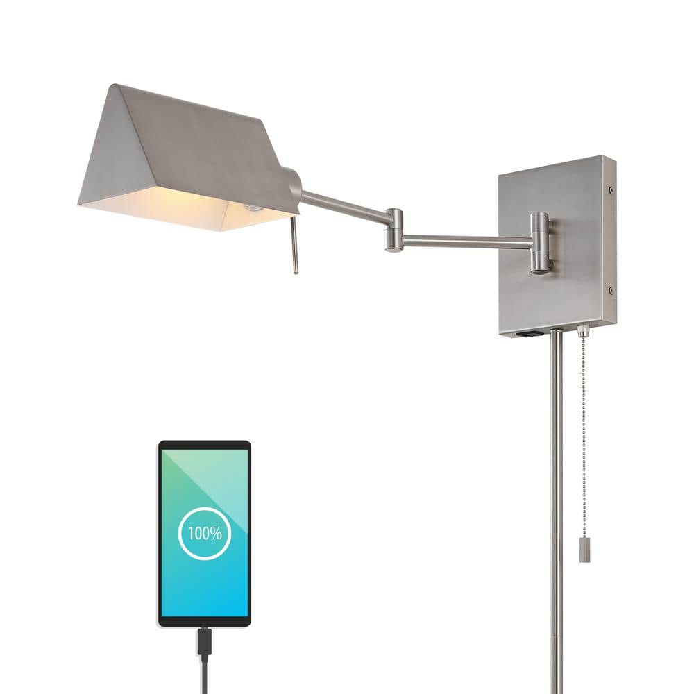 Nickel 22" Dimmable Swing Arm Wall Sconce with USB Port