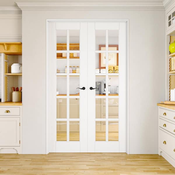48 in. x 80 in. Universal 10-Lite Clear Glass White Solid Core Wood Double Prehung French Door+ Quick Assemble Jamb