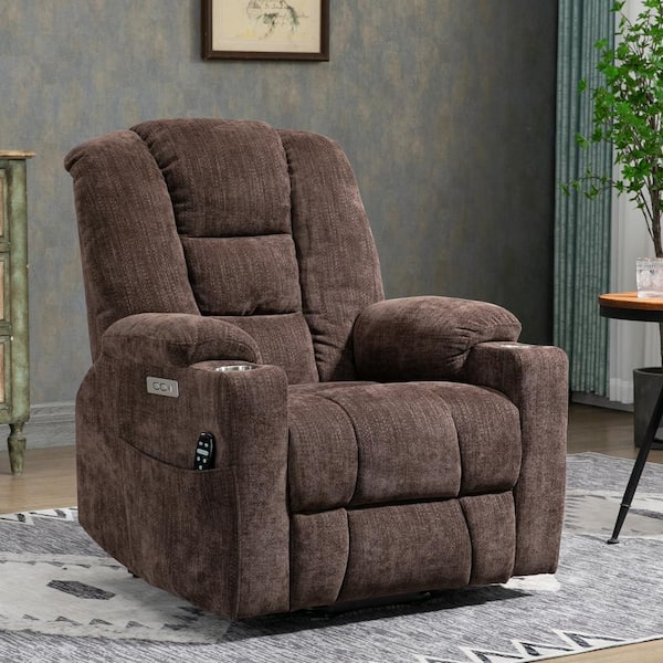22"Seat Width 145° High Back Brown Chenille Massage Chair with 8-Point Vibration, 3-Modes, Timer, USB, 2-Cup Holders