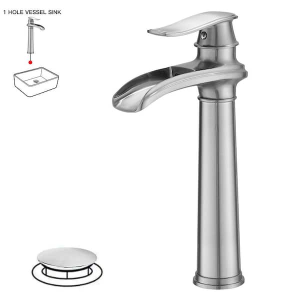 Waterfall Tall Spout Single Hole Single Handle Vessel Sink Faucet in Brushed Nickel