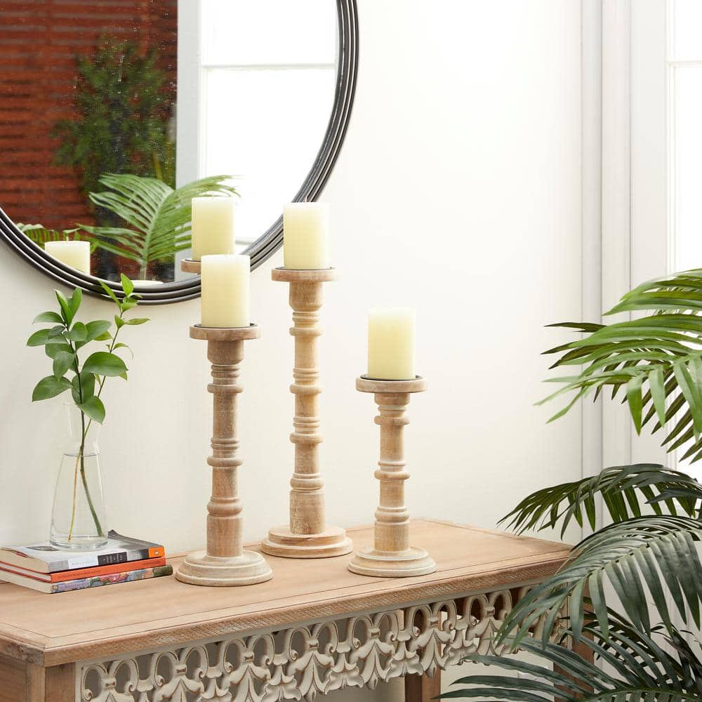 Vintage Natural Mango Wood Pillar Candle Holders, Set of 3