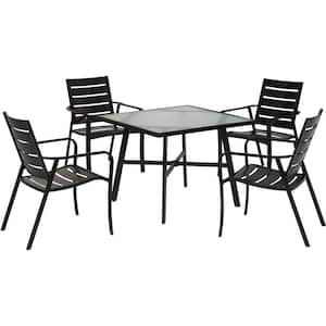 Cortino 5-Piece Commercial-Grade Aluminum Outdoor Dining Set with 4 Slat-Back Dining Chairs and a 38 in. Glass-Top Table
