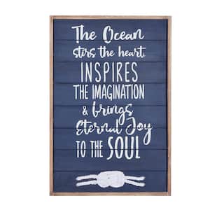 16 in. x 24 in. Wood Blue Ocean Sign Wall Decor with Knotted Ropes