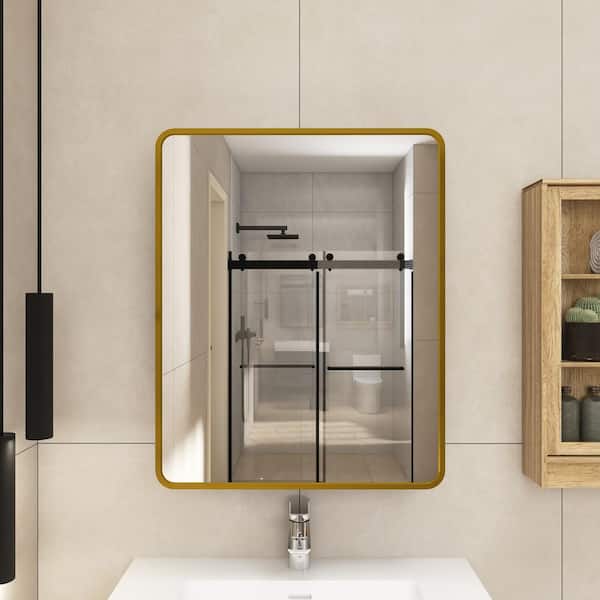 Staykiwi 24 in. W x 30 in. H Rectangular Framed Horizontal or Vertical Hanging Wall Bathroom Vanity Mirror in Gold
