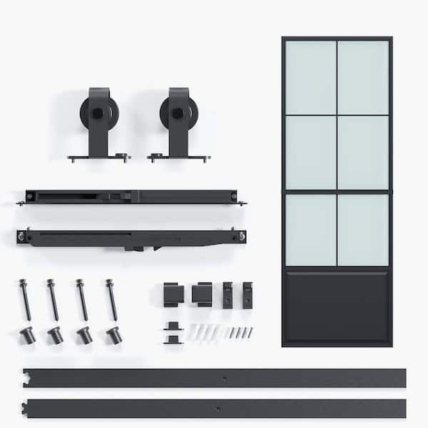easelife 32 in. x 84 in. 3/4 Lites Frosted Glass Black Steel Frame Interior Barn Door with Sliding Hardware Kit