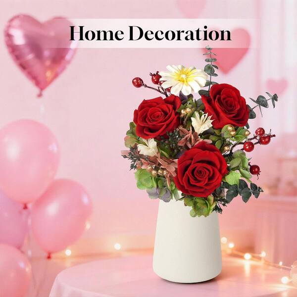 Dracelo 13 in. Red Artificial Everlasting Rose Bouquet-Includes
