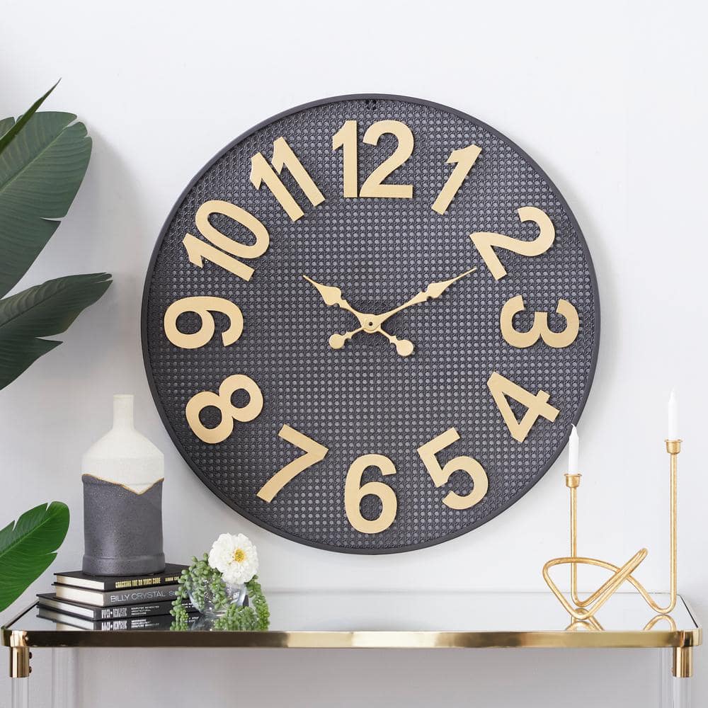 XL Black Metal Wall Clock with Gold Numbers