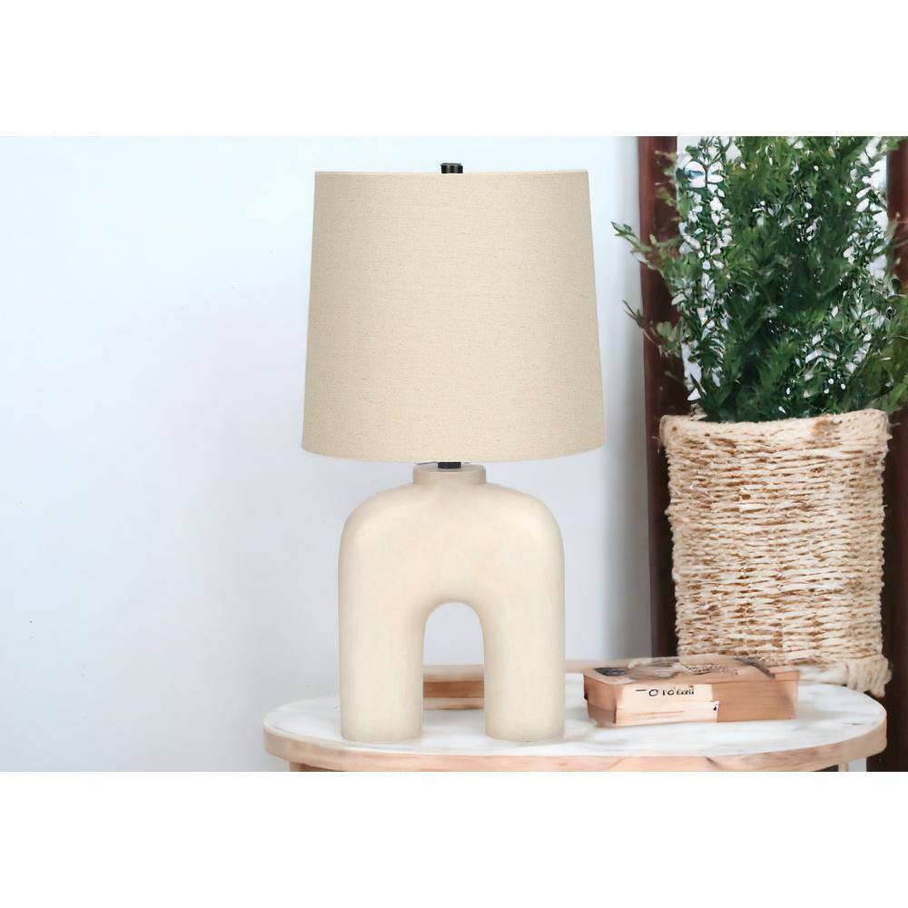 Cream Resin Arc Table Lamp with Beige Linen Shade
