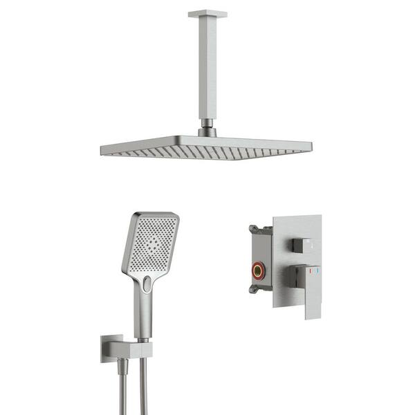 INSTER AIM 3-Spray Dual Wall Mount 14 in. Fixed and Handheld Shower Head 2 GPM in Brushed Nickel (Valve included)