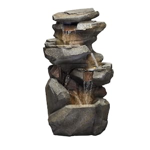 40 in. Tall Outdoor 3-Tier Rock Waterfall Fountain with LED Lights, Gray