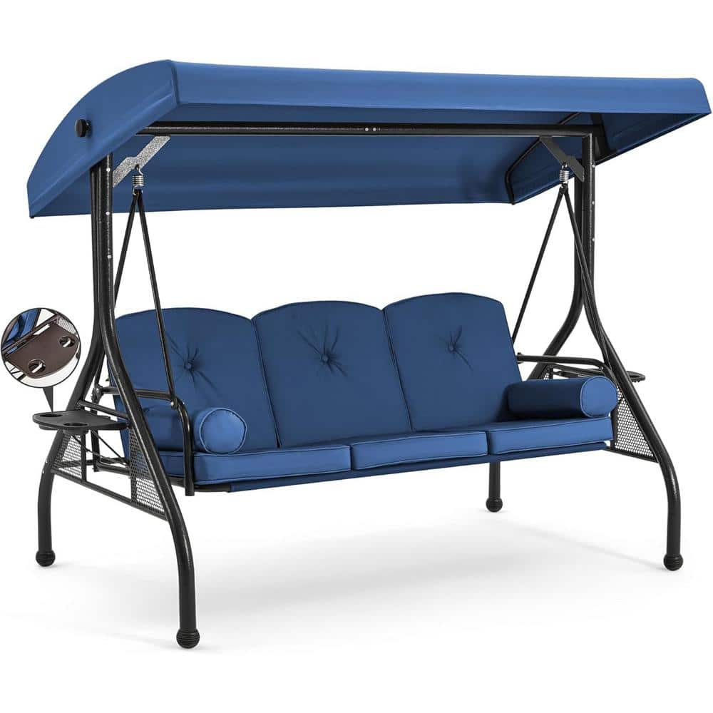 Blue Cushioned Steel Frame 3-Person Porch Swing with Adjustable Canopy