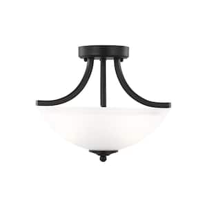 Geary Small 2-Light Midnight Matte Black Traditional Contemporary Semi Flush Mount Convertible Pendant with Satin Glass