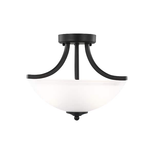 Generation Lighting Geary Small 2-Light Midnight Matte Black Traditional Contemporary Semi Flush Mount Convertible Pendant with Satin Glass