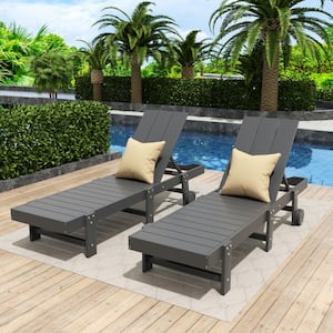 Shoreside 2-Piece Modern HDPE Fade Resistant Portable Reclining Chaise Lounge Chairs With Wheels in Gray