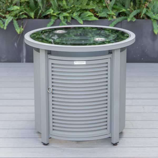 Leisuremod Walbrooke Grey Modern Round Tank Holder Table with Tempered Glass Top and Powder Coated Aluminum Slats Design