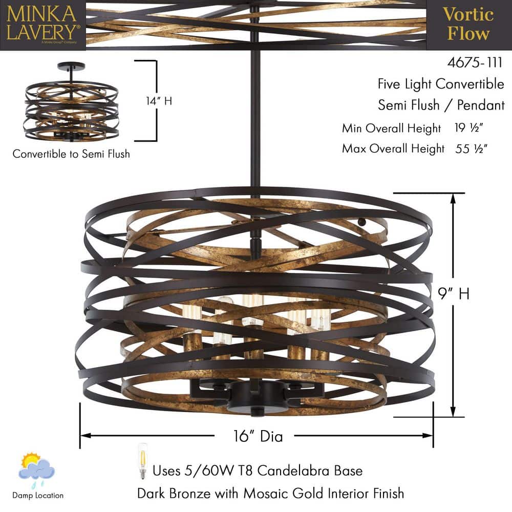Mosaic Gold & Dark Bronze 5-Light Pendant Chandelier with Adjustable Height