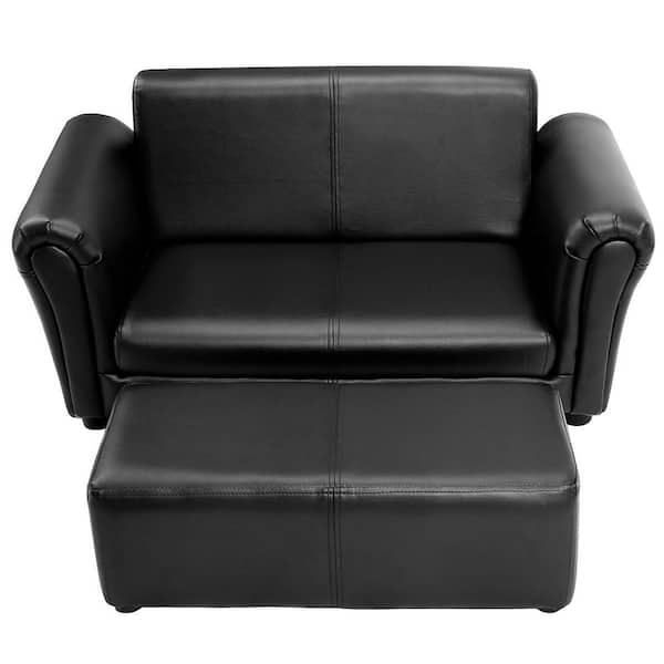 Costway Black Faux Leather Upholstery Kids Arm Chair Kids Sofa Couch Lounge with Ottoman