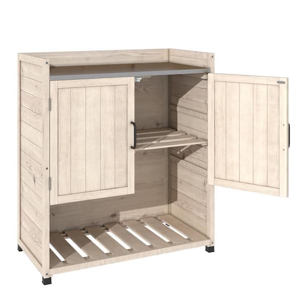 29.5 in. W x 33.9 in. H Gray White Potting Bench with Metal Tabletop, Wooden Storage Cabinet with Adjustable Shelf