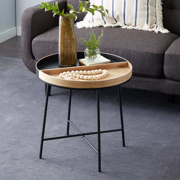 Litton Lane 22 in. Black Split Large Round Wood End Accent Table