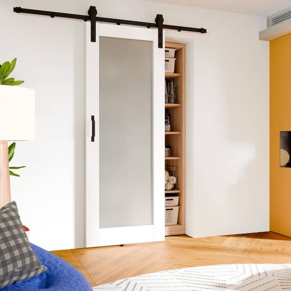 32 in. x 80 in. White Full Lite Frosted Glass Panel Solid Wood Barn Door Slab with Full Barn Door Hardware Kit Set