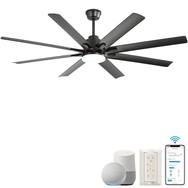 PUDO 66 in. Integrated LED Indoor Black Ceiling Fan Lighting with 8 Reverslble Blades and Intelligent Voice Control