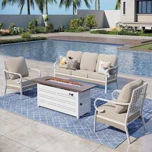 White 4-Piece Metal Outdoor Patio Conversation Seating Set with 50000 BTU Propane Fire Pit Table and Beige Cushions