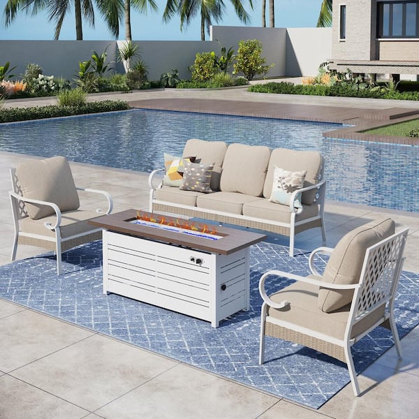 PHI VILLA White 4-Piece Metal Outdoor Patio Conversation Seating Set with 50000 BTU Propane Fire Pit Table and Beige Cushions