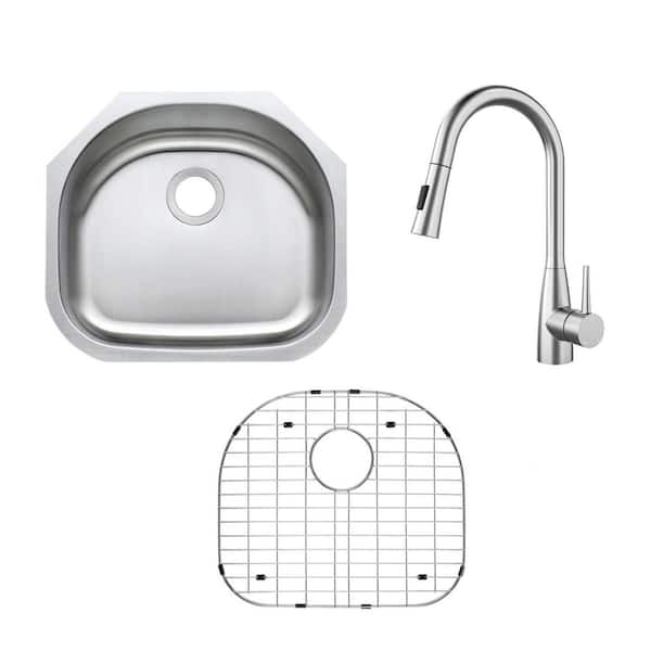23 in. Undermount Single Bowl 18-Gauge Stainless Steel D-Shape Kitchen Sink with Pull Down Sprayer Kitchen Faucet