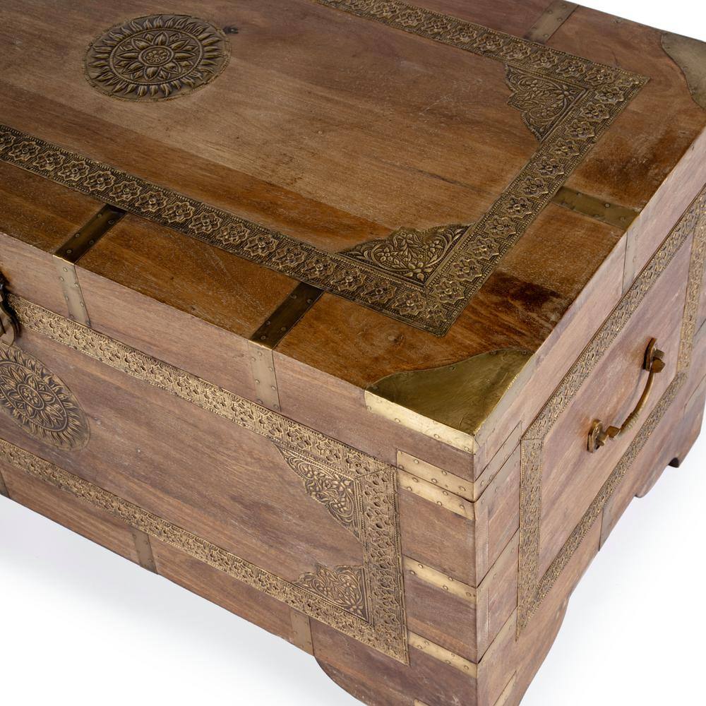Bohemian Rectangular Brown Wood and Metal Storage Trunk