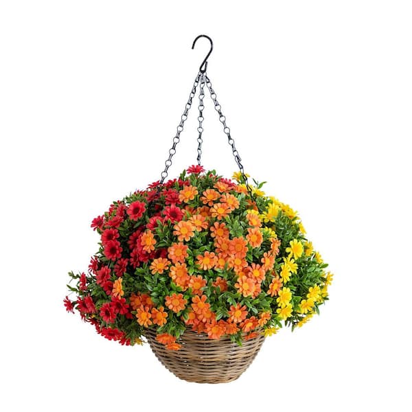 22 in. UV Resistant Multi-Colored Autumn Artificial Fall Mixed Daisy Hanging Basket (Indoor/Outdoor)