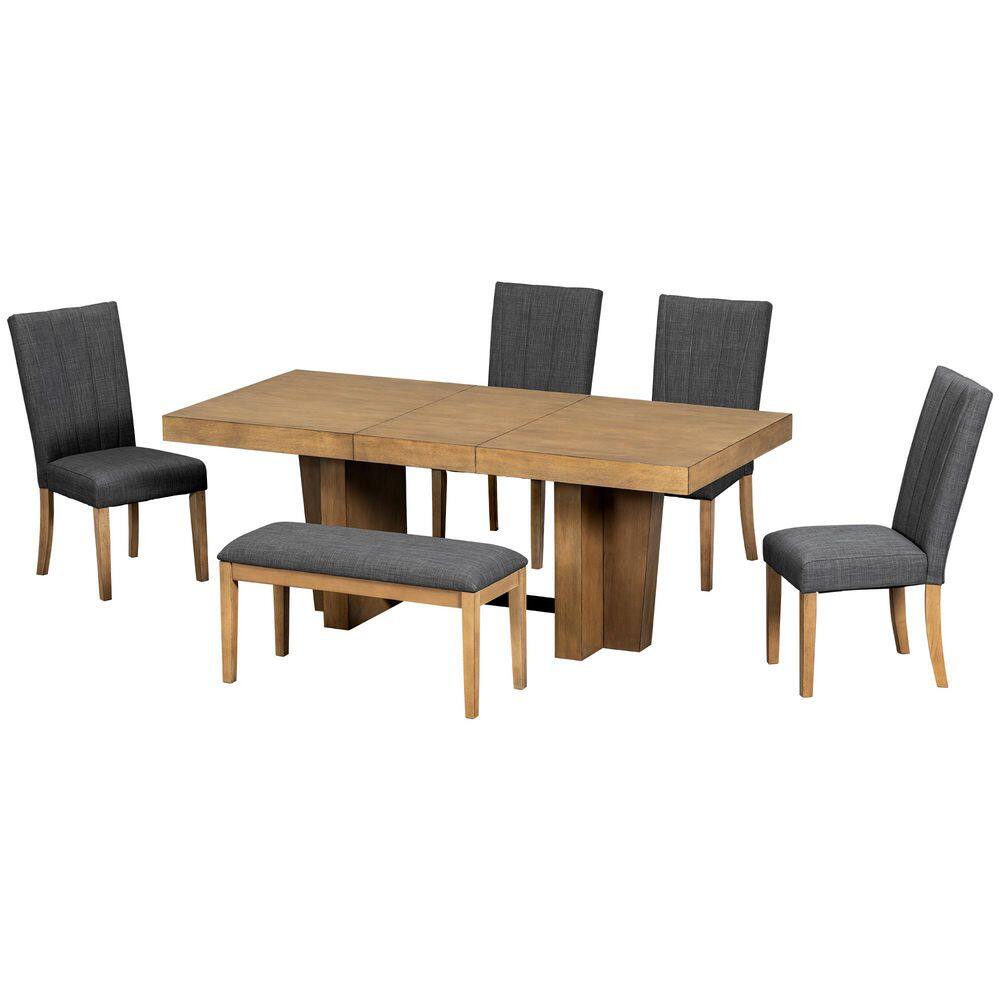 Gray 6-Piece Extendable Wood Dining Table Set with Bench and 4 Chairs