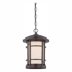Barrister 13.75 in. Burnished Bronze LED Outdoor Hanging Lamp with White Opal Glass Shade