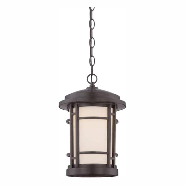 Designers Fountain Barrister Integrated LED Burnished Bronze Outdoor Hanging Lamp with White Opal Glass Shade