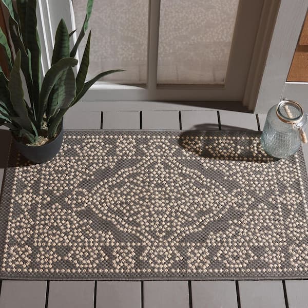 Courtyard Anthracite/Beige 5 ft. x 8 ft. Traditional Ornate Floral Indoor/Outdoor Area Rug