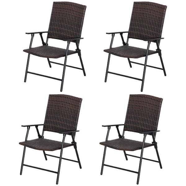 Outsunny Wicker Rattan Mixed Brown Outdoor Patio Dining Chair Set of 4 with Folding Design, Sling Chair