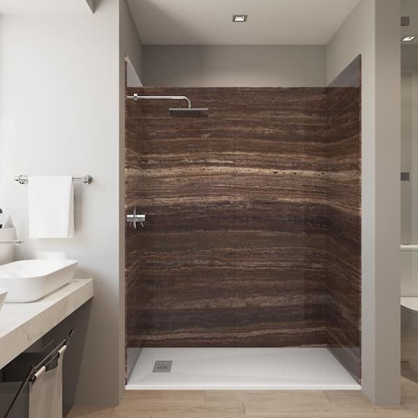 CASTICO Monza Brown 32 in. x 60 in. x 84 in. Solid Composite Stone Alcove Shower Kit with Walls and White Pan Base L/R Drain