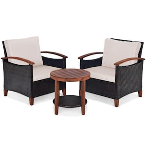 3-Pieces Rattan Wicker Patio Conversation Set with Beige Washable Cushions and Acacia Wood Coffee Table