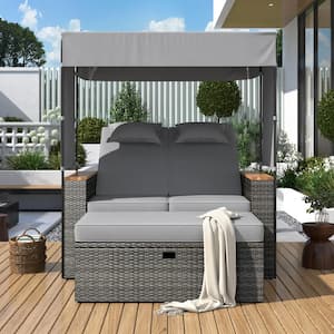 2-Piece Gray Wicker Outdoor Bench Chaise Lounge Roof Set with Cushions and Adjustable Backrest for Patio, Backyard